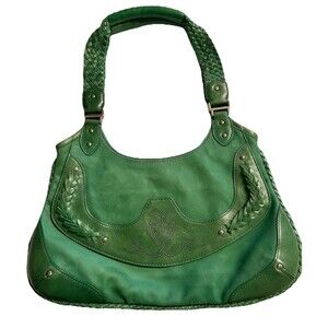 Cole Haan Green Embossed Leather Handbag With Braid Detail, size in photos.